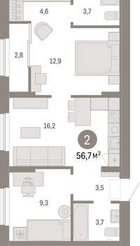 2-к квартира, вторичка, 57м2, 9/17 этаж