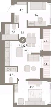 2-к квартира, вторичка, 63м2, 22/25 этаж