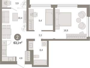 2-к квартира, вторичка, 63м2, 5/9 этаж