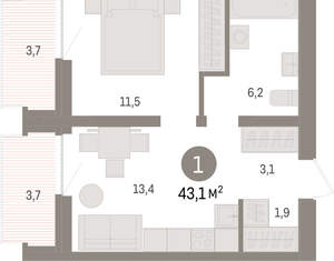 1-к квартира, вторичка, 43м2, 4/10 этаж