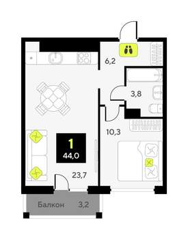 1-к квартира, вторичка, 44м2, 9/9 этаж