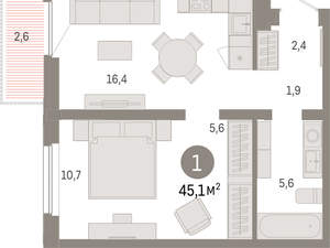 1-к квартира, вторичка, 45м2, 6/16 этаж