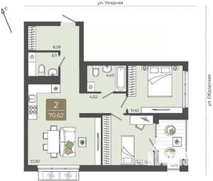 2-к квартира, вторичка, 71м2, 13/15 этаж