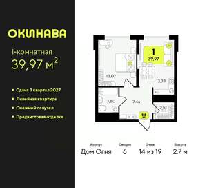 1-к квартира, вторичка, 40м2, 14/19 этаж