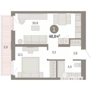 1-к квартира, вторичка, 49м2, 3/9 этаж