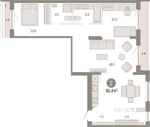 2-к квартира, вторичка, 91м2, 7/7 этаж