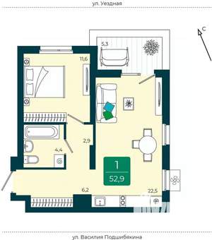 2-к квартира, вторичка, 53м2, 8/9 этаж