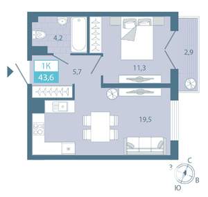 1-к квартира, строящийся дом, 44м2, 6/25 этаж