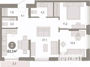2-к квартира, вторичка, 63м2, 5/7 этаж