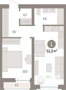 1-к квартира, вторичка, 51м2, 3/7 этаж