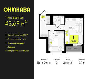 1-к квартира, вторичка, 44м2, 2/19 этаж
