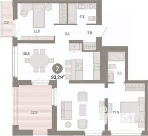 2-к квартира, вторичка, 93м2, 8/9 этаж