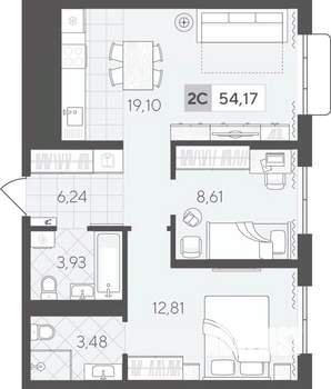 2-к квартира, вторичка, 54м2, 14/17 этаж