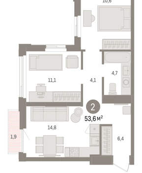 2-к квартира, вторичка, 54м2, 18/25 этаж
