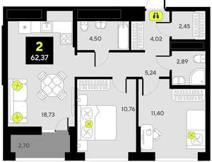 2-к квартира, вторичка, 63м2, 2/14 этаж