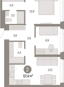 2-к квартира, вторичка, 57м2, 8/25 этаж