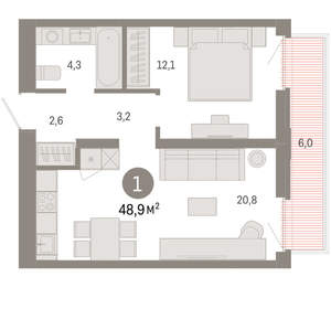 1-к квартира, вторичка, 49м2, 6/25 этаж