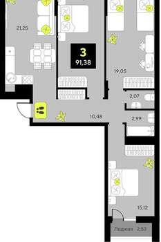 3-к квартира, сданный дом, 91м2, 4/23 этаж