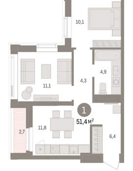 1-к квартира, вторичка, 51м2, 21/25 этаж