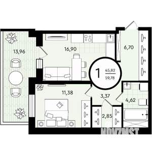 1-к квартира, вторичка, 60м2, 1/4 этаж