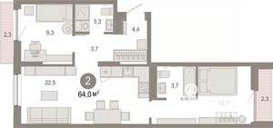 2-к квартира, вторичка, 64м2, 6/9 этаж