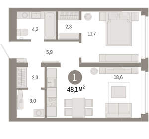 1-к квартира, вторичка, 48м2, 2/16 этаж