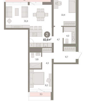 2-к квартира, вторичка, 84м2, 6/9 этаж