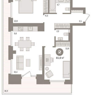 2-к квартира, вторичка, 81м2, 6/9 этаж