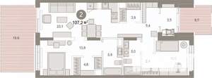 2-к квартира, вторичка, 107м2, 1/9 этаж