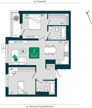 2-к квартира, вторичка, 65м2, 5/16 этаж