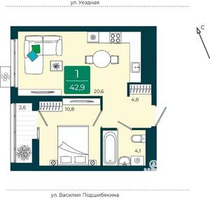 1-к квартира, вторичка, 43м2, 5/9 этаж