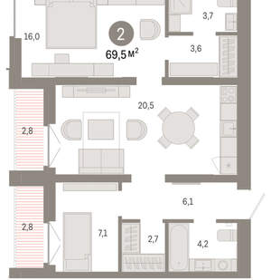 2-к квартира, вторичка, 69м2, 9/16 этаж