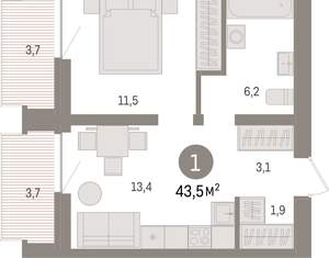 1-к квартира, вторичка, 43м2, 5/10 этаж