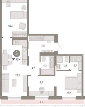 3-к квартира, вторичка, 87м2, 7/17 этаж