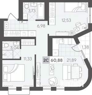 2-к квартира, вторичка, 61м2, 7/17 этаж