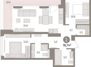 2-к квартира, вторичка, 77м2, 6/16 этаж