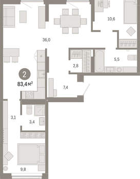 2-к квартира, вторичка, 83м2, 4/17 этаж