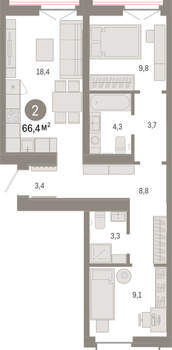 2-к квартира, вторичка, 66м2, 7/16 этаж