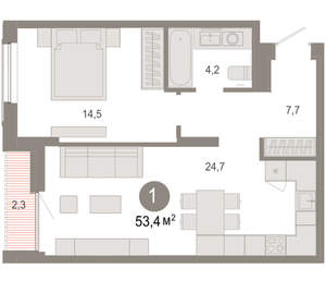 1-к квартира, вторичка, 53м2, 6/17 этаж