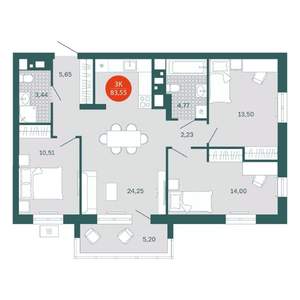 3-к квартира, вторичка, 84м2, 14/24 этаж