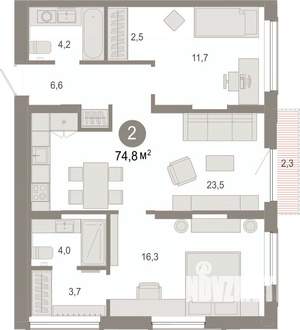 2-к квартира, вторичка, 75м2, 6/17 этаж