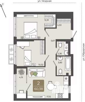 2-к квартира, вторичка, 60м2, 2/15 этаж