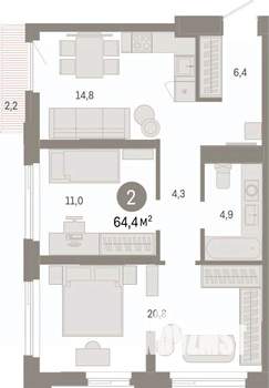 2-к квартира, вторичка, 64м2, 7/25 этаж