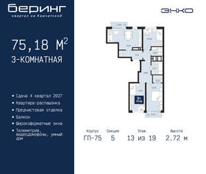 3-к квартира, вторичка, 75м2, 13/24 этаж