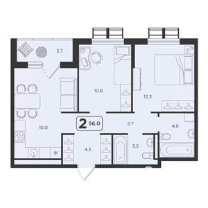 2-к квартира, вторичка, 56м2, 5/25 этаж