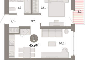 1-к квартира, вторичка, 46м2, 5/25 этаж