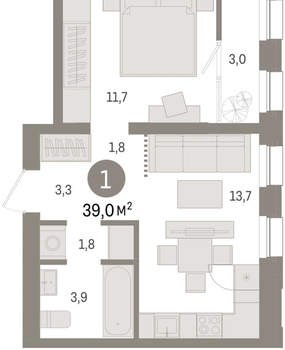 1-к квартира, вторичка, 39м2, 8/9 этаж