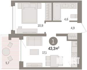 1-к квартира, вторичка, 43м2, 6/8 этаж