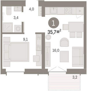 1-к квартира, вторичка, 36м2, 2/16 этаж