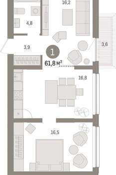 1-к квартира, вторичка, 62м2, 4/9 этаж